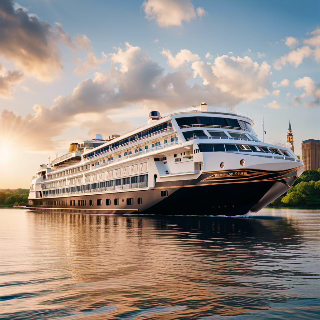 An image showcasing American Cruise Lines' Modern Riverboat Expansion: A sleek, state-of-the-art riverboat gliding through scenic waterways, adorned with panoramic windows, spacious decks, and luxurious amenities, symbolizing the epitome of comfort and elegance
