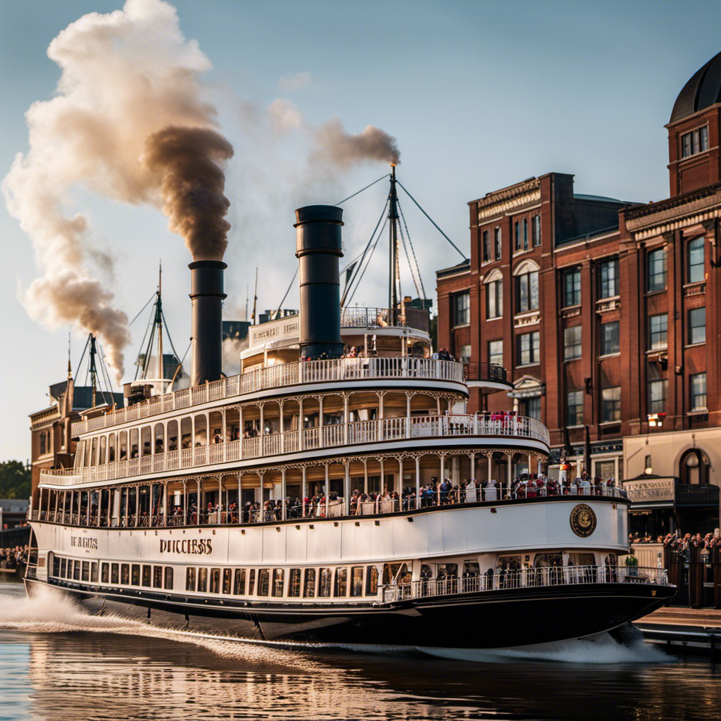 An image capturing the exhilarating moment as the American Duchess gracefully glides alongside the iconic steamboats, its Victorian-style paddlewheel and elegant white facade contrasting against the backdrop of the rushing river and cheering spectators