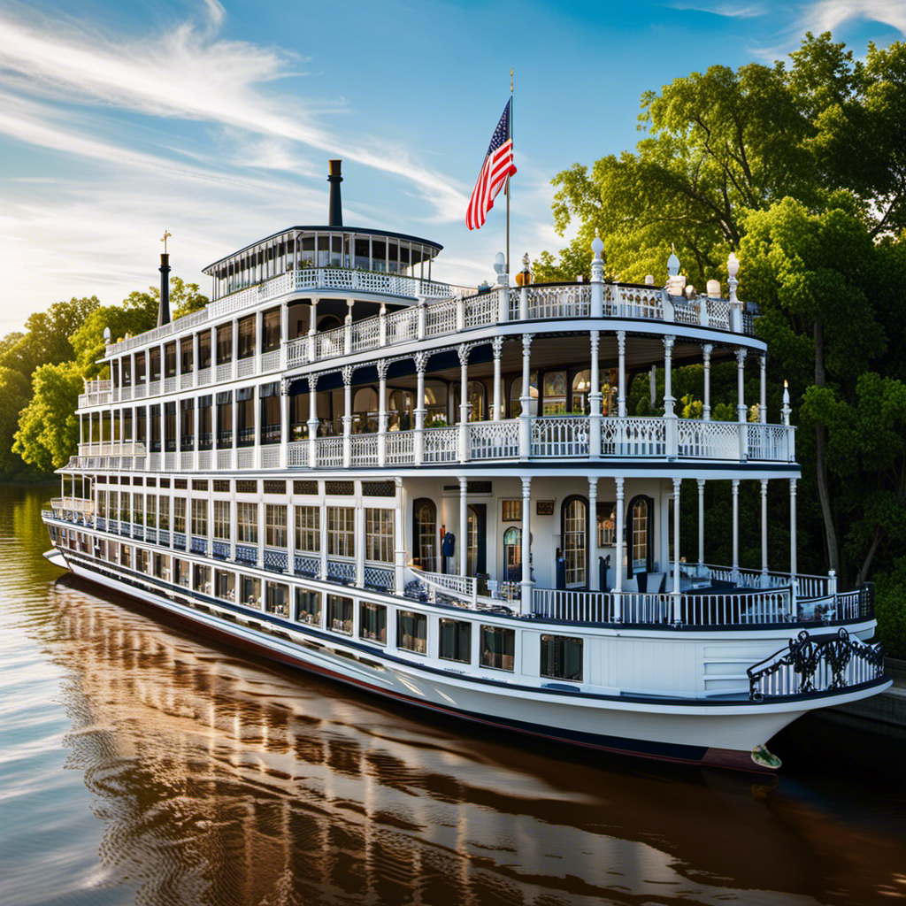 An image capturing the timeless beauty of the American Eagle riverboat, gracefully gliding along the majestic Mississippi River