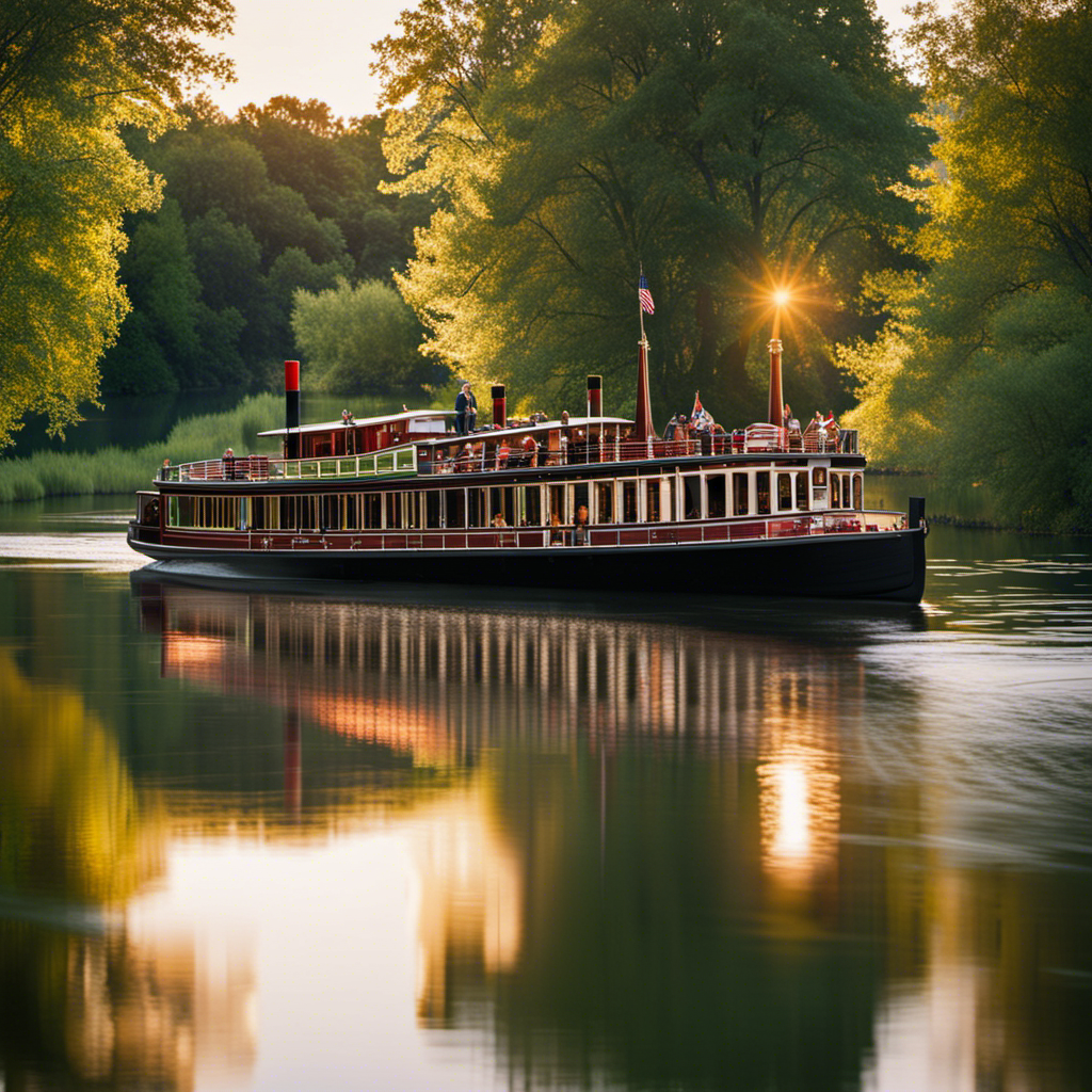 An image capturing a serene river scene at sunset, showcasing a historic steamboat gliding along the meandering waterway, surrounded by lush green trees, with passengers onboard, enjoying live American folk music