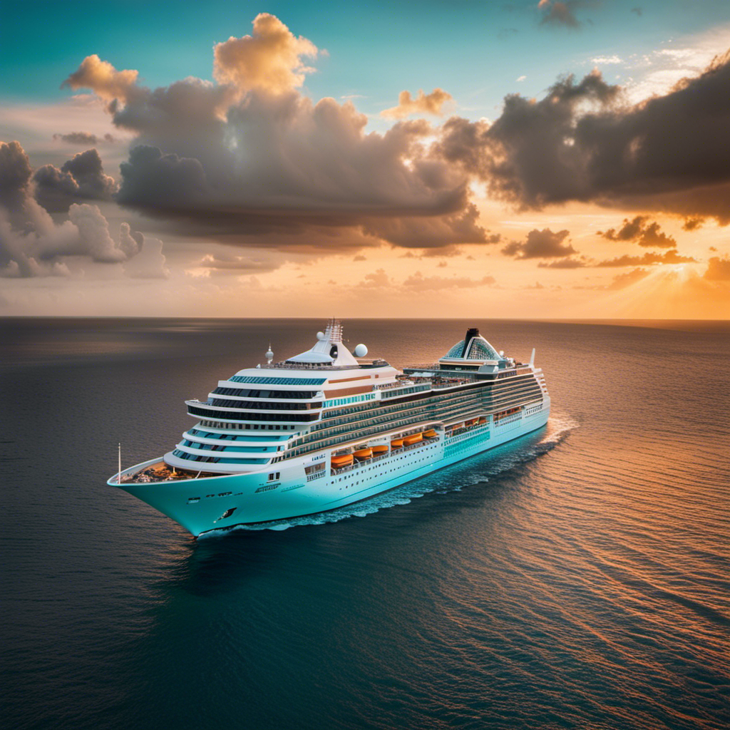 An image that captures the essence of Celebrity Beyond's enchanting allure: a luxurious cruise ship sailing through turquoise waters, framed by lush tropical islands, while a radiant sunset bathes the surroundings in a golden glow