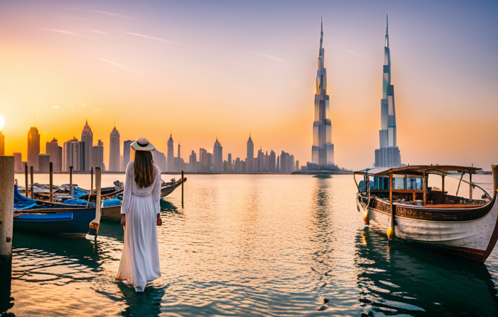 An image showcasing Anika Morjaria's Dubai travel tips and stunning Instagram shots, capturing the glamorous city skyline at sunset, with a backdrop of the iconic Burj Khalifa, vibrant souks, and a tranquil desert oasis