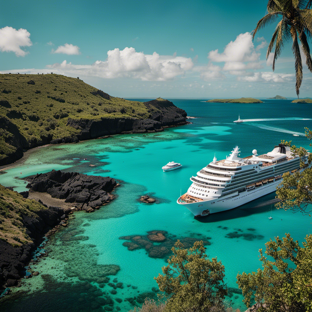 An image showcasing a vibrant tropical landscape with crystal-clear turquoise waters and a luxurious cruise ship in the foreground