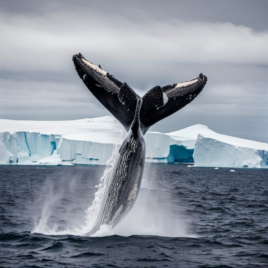 An image capturing the awe-inspiring moment as a majestic humpback whale breaches, soaring above the pristine icy waters of Antarctica, with the Atlas Ocean Voyages vessel sailing serenely in the background