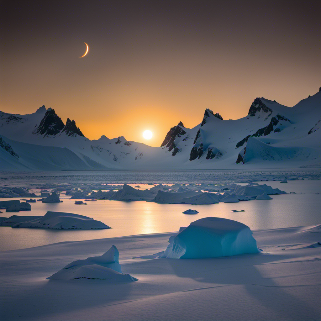 An image capturing the ethereal beauty of a solar eclipse in Antarctica: a striking silhouette of icy peaks and vast, untouched expanses, bathed in a celestial glow as the moon aligns with the sun