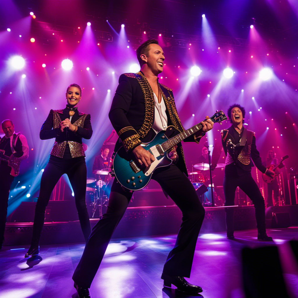 An image capturing the vibrant energy of Anthem of the Seas' rock, illusion, and cabaret entertainment: a dynamic rock band rocking the stage, a mesmerizing illusionist captivating the audience, and glamorous performers dazzling in a cabaret show