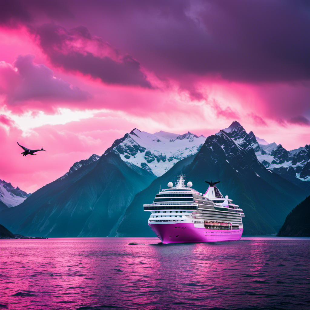 An image showcasing a luxurious cruise ship sailing through icy turquoise waters, surrounded by towering snow-capped mountains, while a pod of majestic killer whales leaps playfully alongside, under a vibrant pink and purple sky