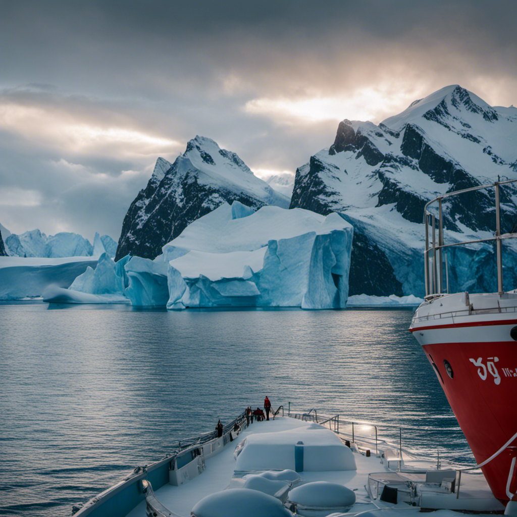 An image capturing the majesty of an Arctic adventure aboard Le Commandant Charcot, showcasing untouched icy landscapes, towering glaciers, and a luxurious ship voyaging through pristine waters beneath a vivid sky