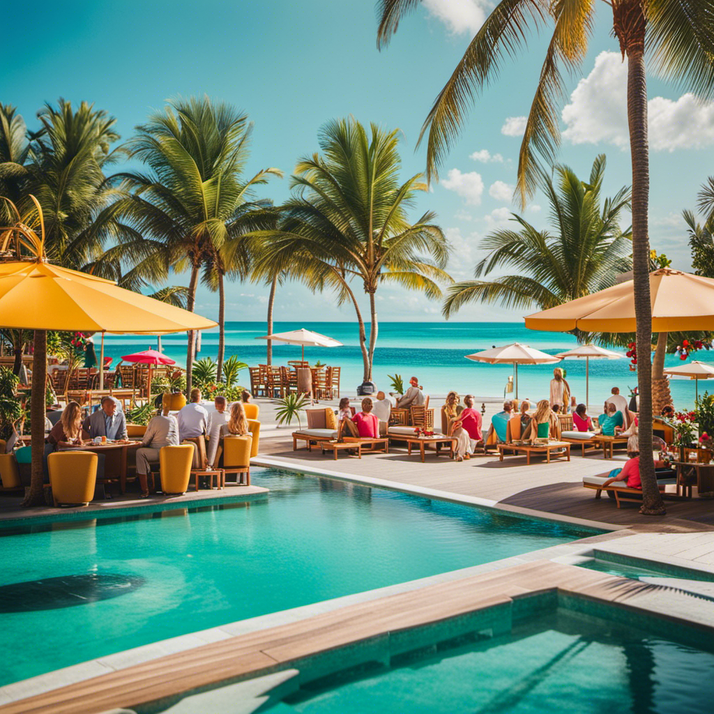 An image featuring a tropical beach scene with crystal-clear turquoise water, a poolside bar filled with vibrant cocktails, and happy vacationers sipping drinks under colorful umbrellas, inviting readers to ponder the value of cruise line drink packages