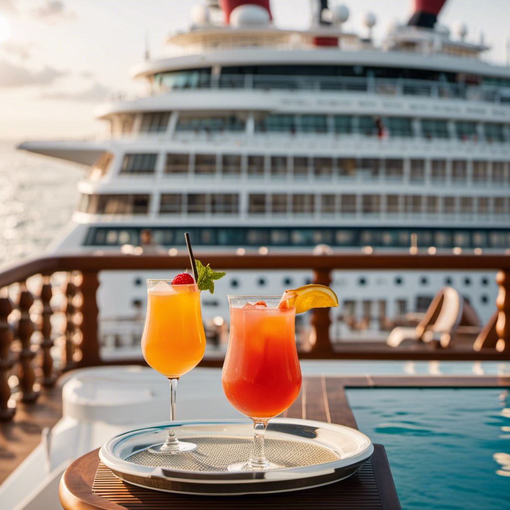 An image showcasing a lavish cruise ship deck with elegant loungers, sparkling infinity pools, attentive staff serving exotic cocktails, and a backdrop of stunning ports of call, inviting readers to ponder the value of luxury cruises