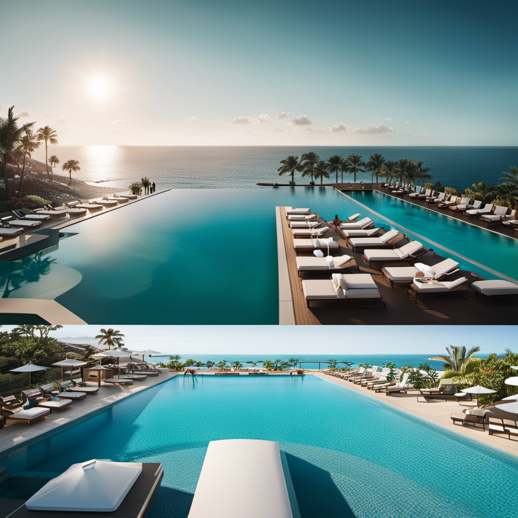 An image showcasing two contrasting scenes: On the left, a luxurious suite with a private balcony, spa-like bathroom, and panoramic ocean views