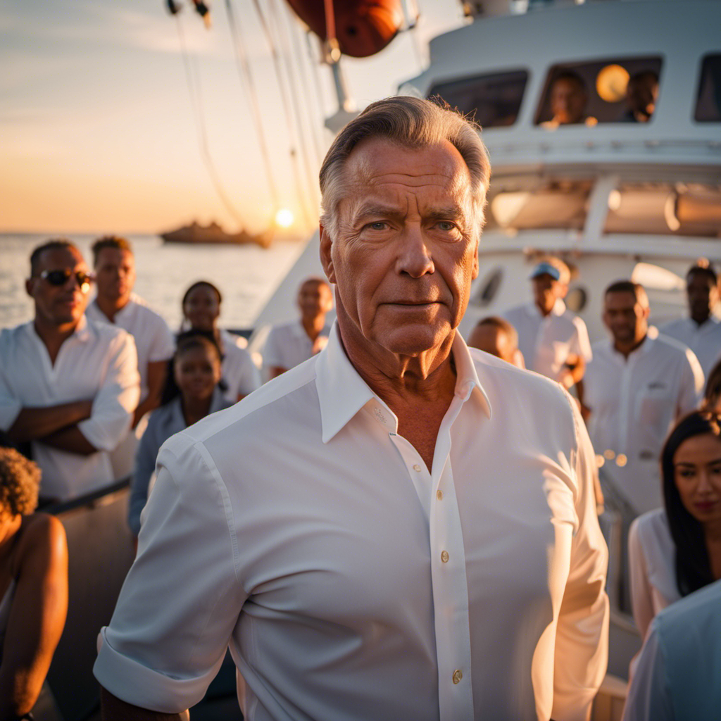 An image showcasing Arnold Donald, CEO of a cruise line, standing at the helm of a ship, leading his diverse team towards a new horizon