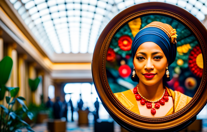 An image showcasing an array of vibrant artworks from different cultures, beautifully displayed in Holland America's grand atrium