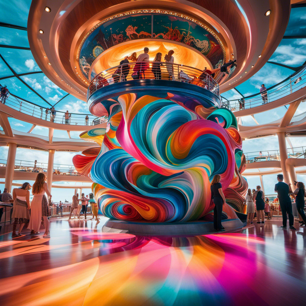 An image that showcases a vibrant, larger-than-life sculpture engulfed in a swirling sea of colors, surrounded by mesmerized passengers on a luxurious cruise ship, immersing themselves in an unforgettable ArtSea experience