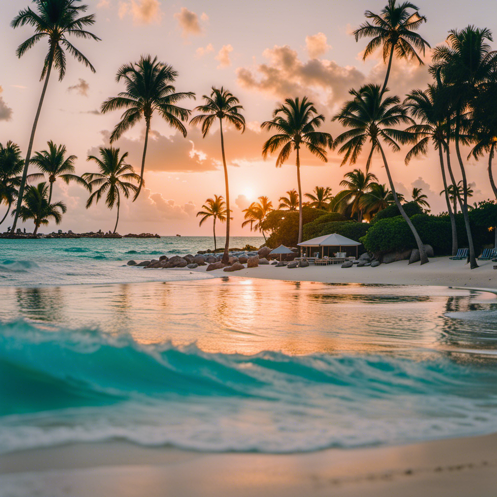 An image capturing a vibrant sunset on Aruba's pristine Palm Beach, where families frolic in crystal-clear turquoise waters, build sandcastles on powdery white shores, and indulge in thrilling water sports amidst a backdrop of swaying palm trees