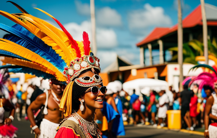 An image showcasing the vibrant Aruba Carnival: a burst of color and energy, with locals wearing elaborate feathered costumes, dancing to infectious rhythms, and parading through the sun-kissed streets of an enchanting tropical paradise