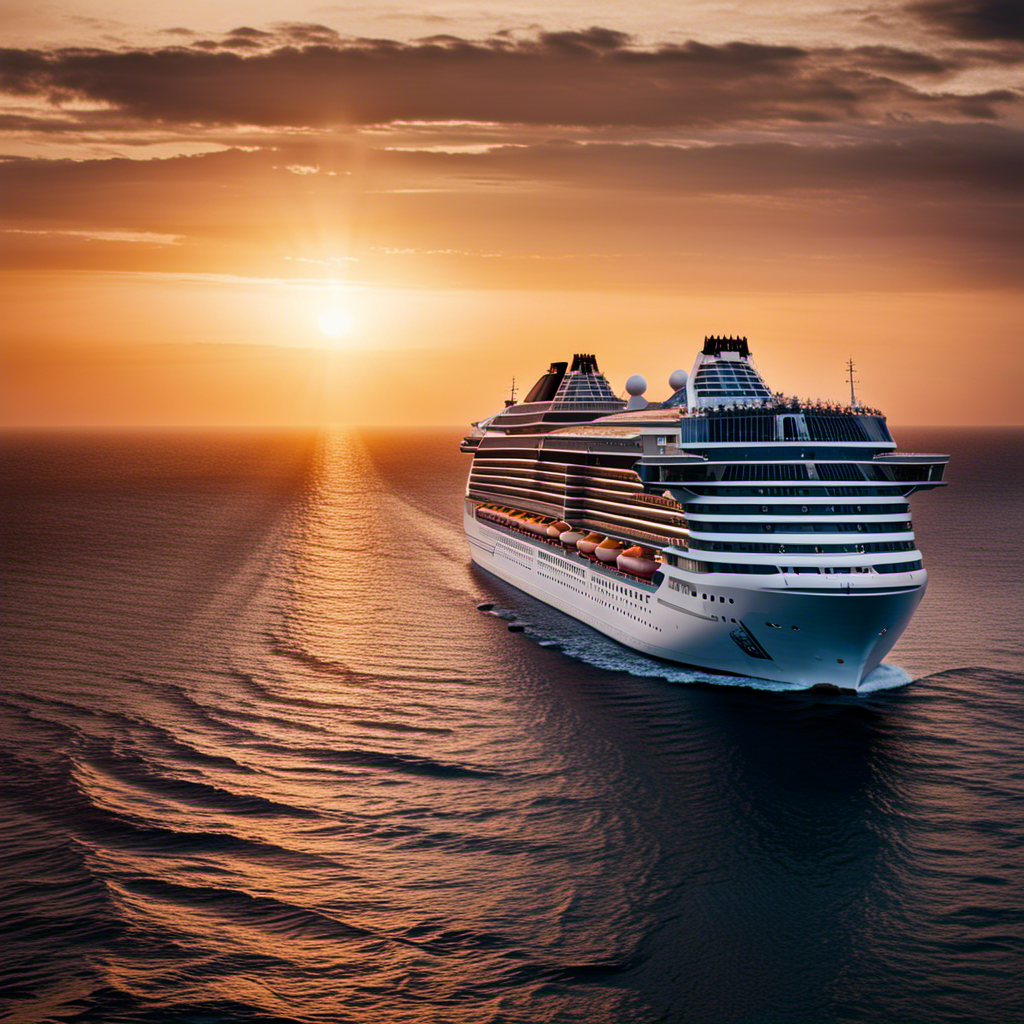 An image showcasing a grand cruise ship at sunset, with the majestic Atlas Ocean Voyages logo displayed prominently on its hull, symbolizing the beginning of an exciting new chapter in world travel