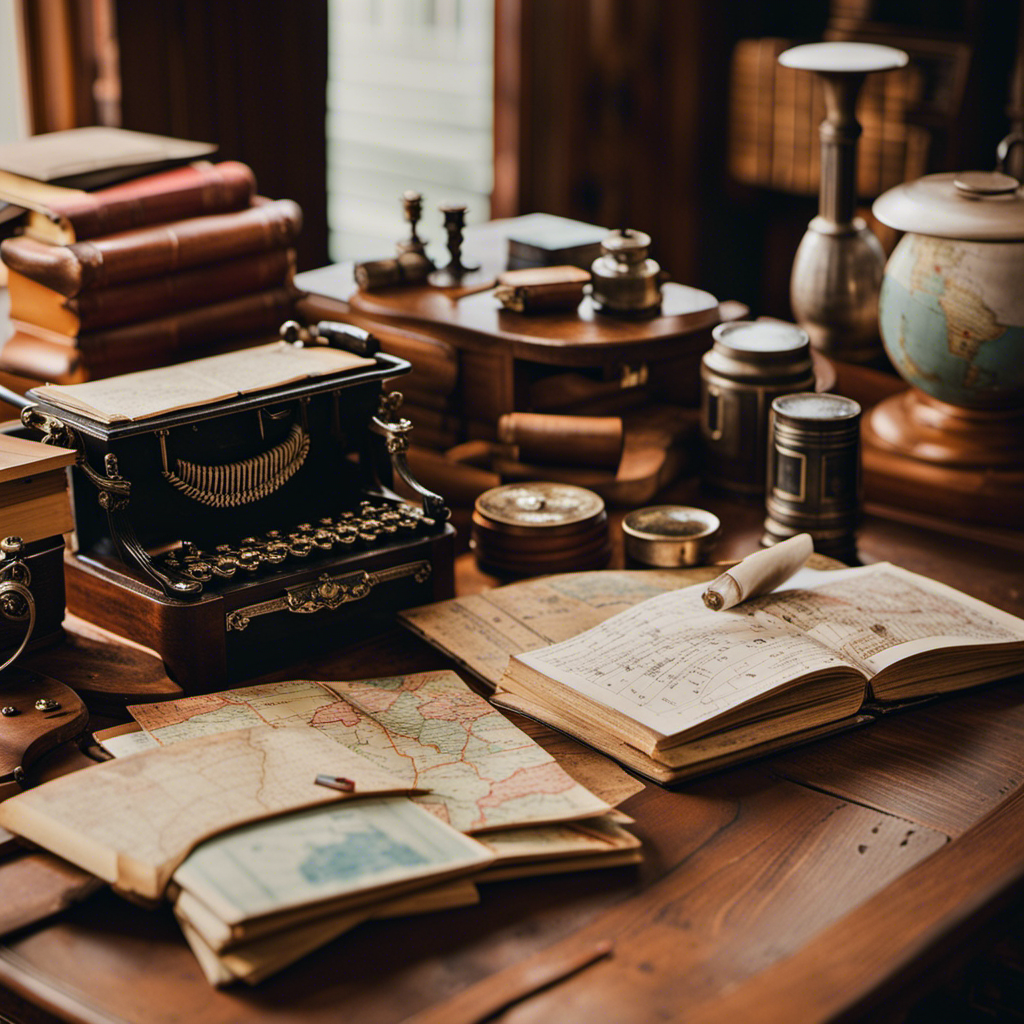 the essence of Casa Delphine's rich history and travel wisdom: A vintage wooden desk adorned with aged postcards, maps of far-flung destinations, and a well-worn journal filled with handwritten notes