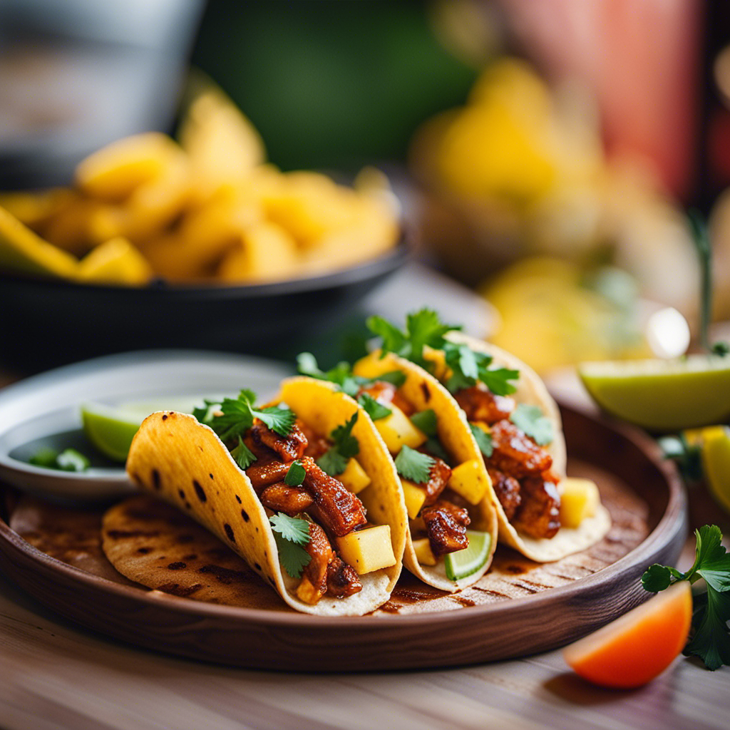 the essence of Cabo San Lucas' culinary adventure with an image of a sizzling taco al pastor, topped with juicy pineapple chunks and a sprinkle of cilantro, served on a warm, handmade tortilla