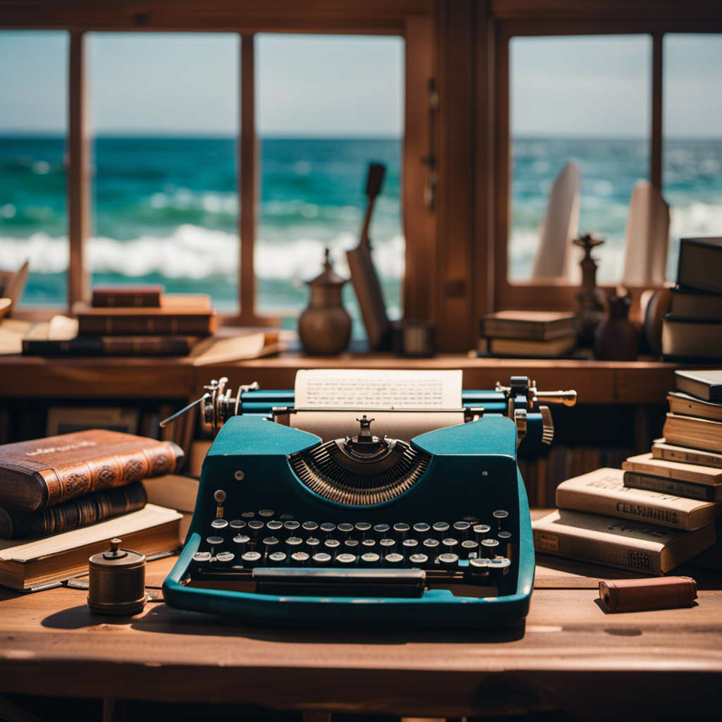 An image showcasing a vibrant coastal landscape with a rustic wooden fishing boat, a typewriter nestled on a worn-out desk, a bookshelf filled with literary classics, and a solitary figure gazing pensively at the ocean