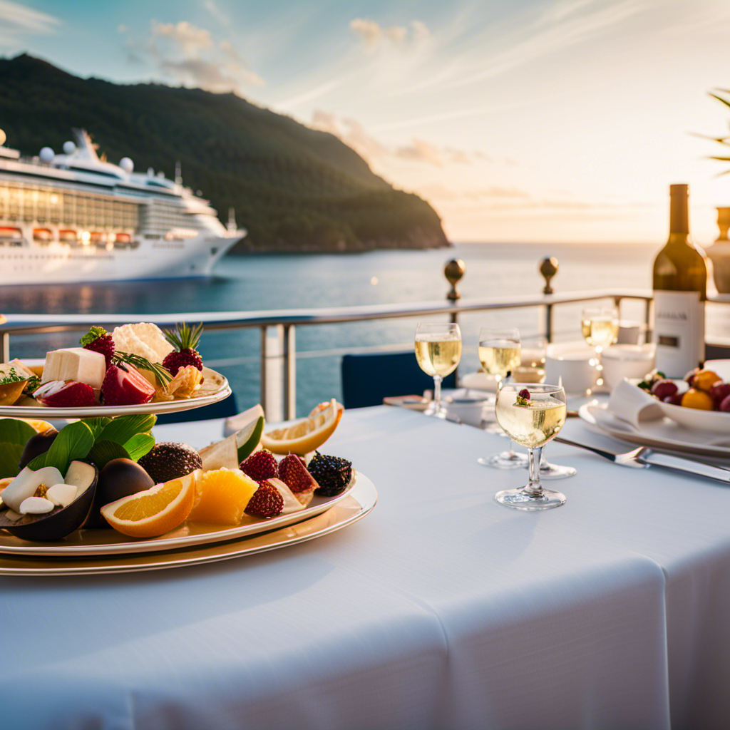 An image showcasing the luxurious Azamara Club Cruises experience: a serene ocean backdrop with a gleaming white cruise ship, elegantly decorated open-air lounges, and happy travelers indulging in gourmet dining and live entertainment