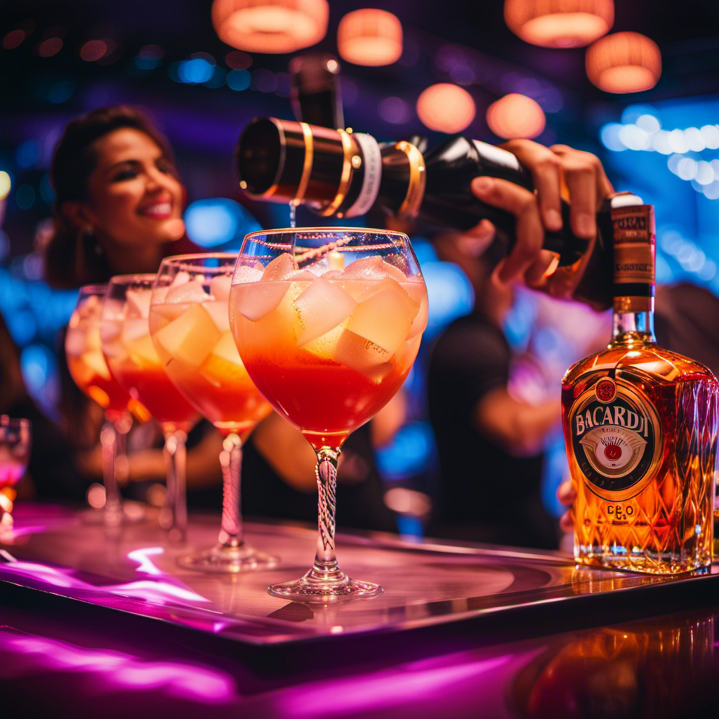 An image capturing the intense atmosphere of the Bacardi Cruise Competition: vibrant bartenders, concocting dazzling cocktails, their swift movements accompanied by swirling clouds of aromatic ingredients, all beneath a canopy of shimmering lights