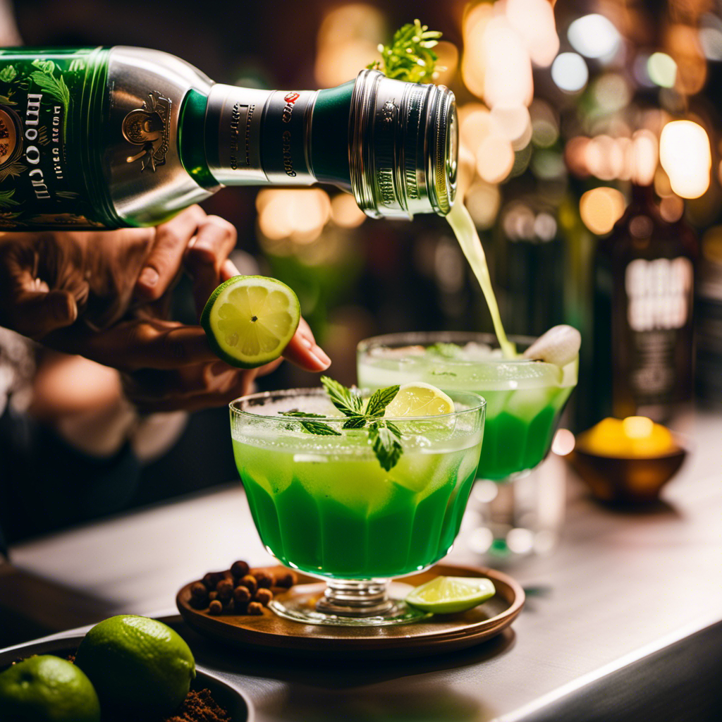 An image showcasing a bartender's hands skillfully pouring a vibrant green cocktail into a perfectly chilled coupe glass, surrounded by a captivating array of meticulously arranged herbs, fruits, and spices - a visual celebration of Bacardi Legacy's commitment to elevating bartending craft and inspiring innovation