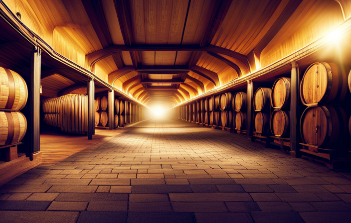 An image showcasing the rich legacy of BACARDÍ Rum: a vintage, oak-barrel cellar adorned with rows of meticulously crafted rum barrels, exuding an enticing aroma and capturing the essence of the brand's flavorful journey through time