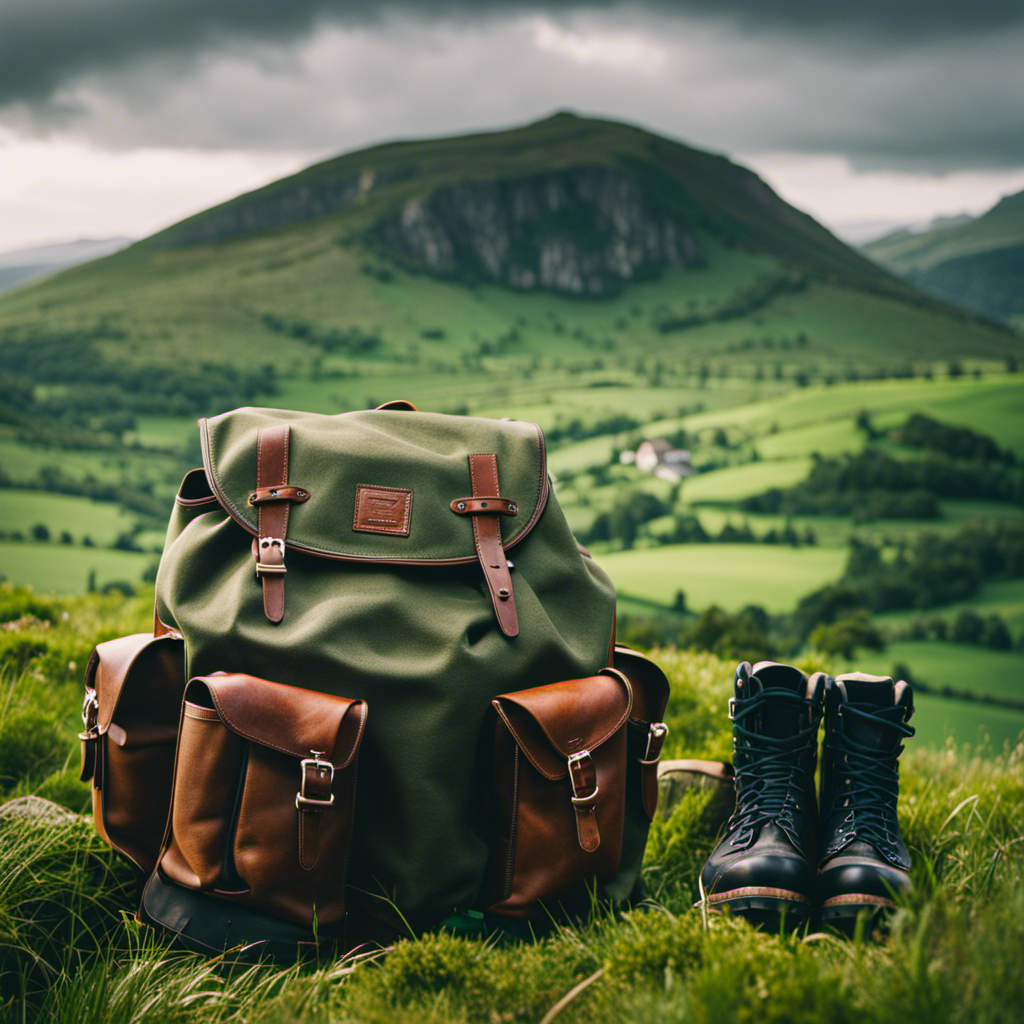 An image showcasing a backpacker's essentials for exploring the British Isles: a well-packed backpack, cozy accommodation nestled amidst rolling green hills, sturdy hiking boots, raincoat and umbrella, and a traveler gazing at breathtaking landscapes