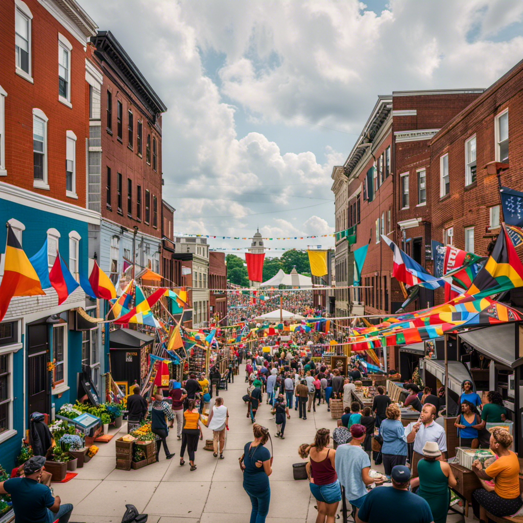 the essence of Baltimore's Charm City in a single image: A vibrant mural depicting local icons, rowhouses adorned with colorful flags, a bustling farmer's market, and a street performer captivating the crowd with their talent