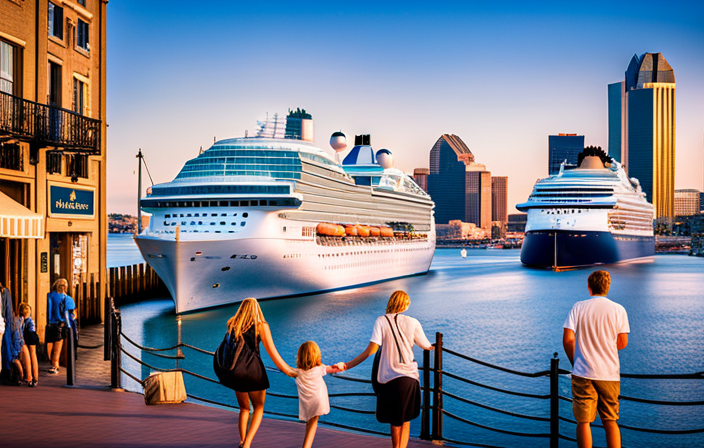 An image capturing the vibrant energy of Baltimore's cruise port as Royal Caribbean's Vision docks, showcasing the stunning waterfront, majestic cruise ships, and excited passengers embarking on their unforgettable journey