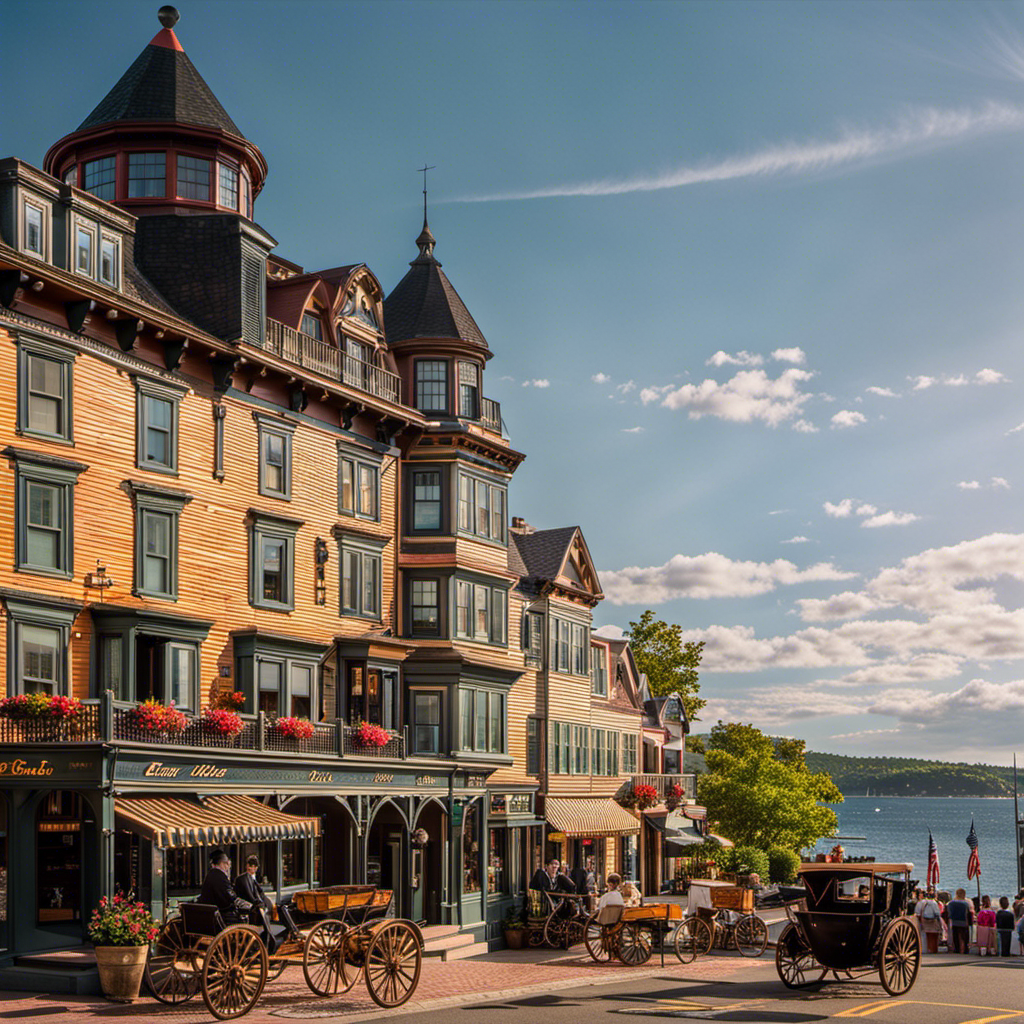 An image capturing the opulent charm of Bar Harbor's Golden Age: a historic seaside town adorned with elegant Victorian mansions, horse-drawn carriages traversing cobblestone streets, and well-dressed socialites strolling along the picturesque waterfront