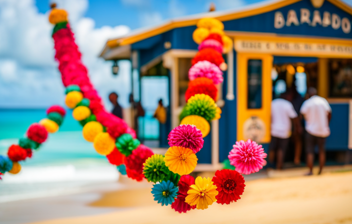 An image capturing the vibrant colors of Barbados' coastline as locals warmly greet cruise ships, displaying acts of compassion through heartfelt smiles, outstretched hands, and colorful floral garlands, symbolizing a warm welcome