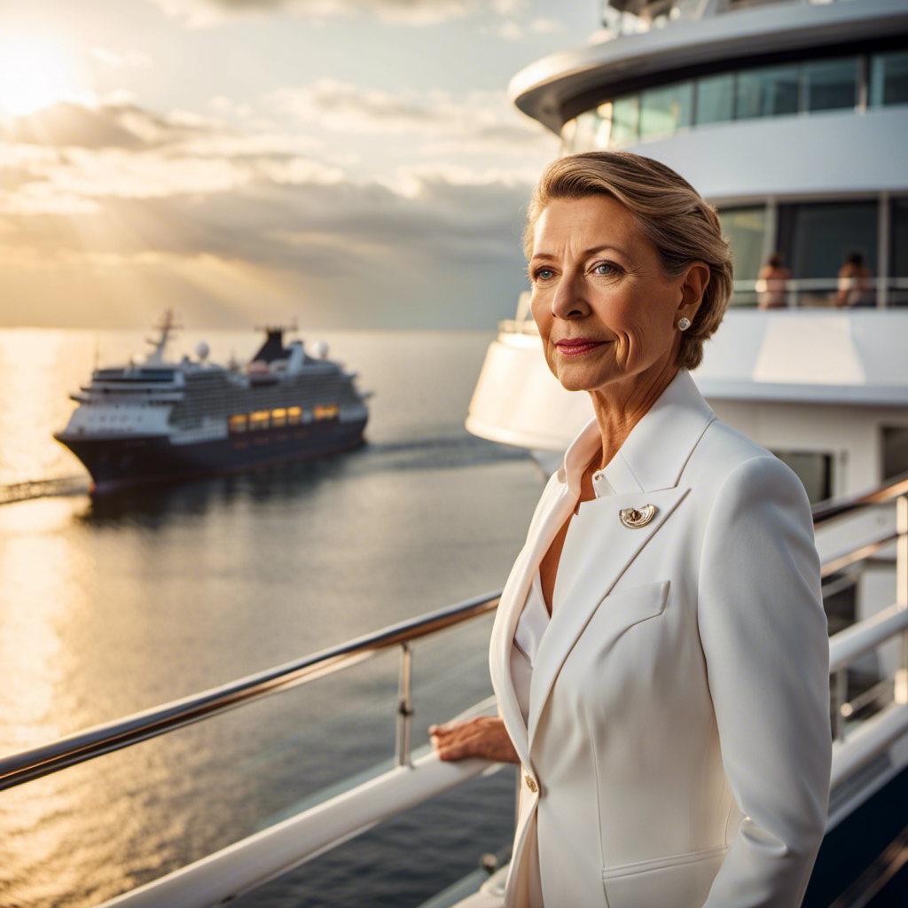 An image featuring Barbara Muckermann, Silversea Cruises' new CEO, confidently standing on the deck of a luxurious cruise ship, overlooking the vast ocean, with the sun setting in the background, symbolizing her determined vision for the company's prosperous future
