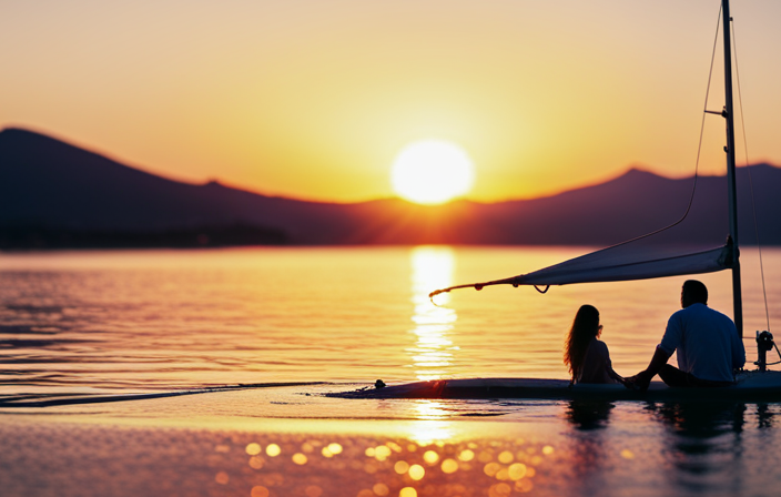 An image of a cozy sailing boat at sunset, casting a warm glow on a couple in an intimate embrace