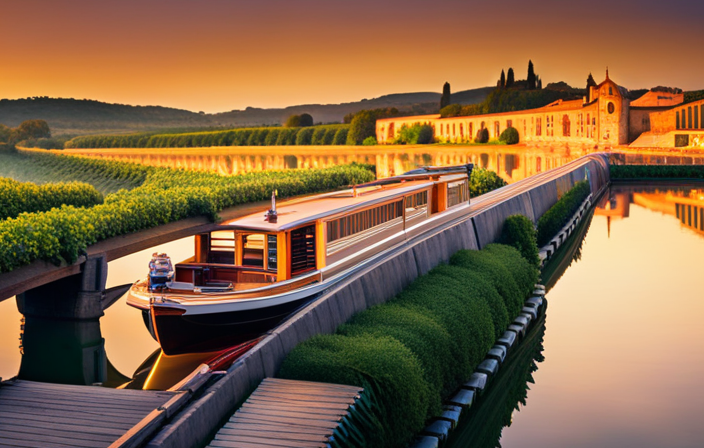 An image showcasing a luxurious barge gliding serenely along the enchanting Canal du Midi, framed by picturesque vineyards and quaint medieval villages, as the setting sun casts a warm golden glow