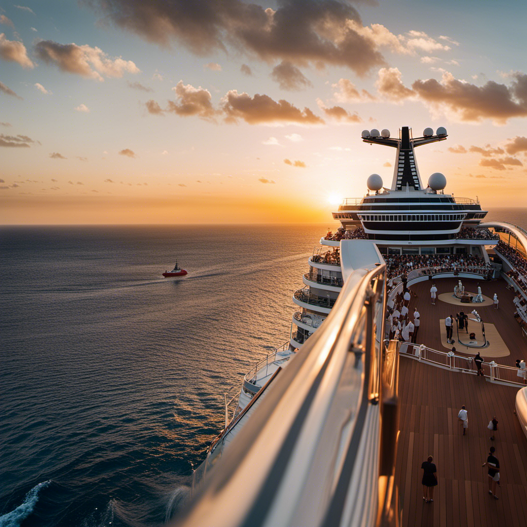 An image showcasing the MSC Divina cruise ship sailing against a radiant sunset backdrop, with baseball greats adorning the deck, representing diverse cultures and themes, symbolizing unforgettable experiences onboard