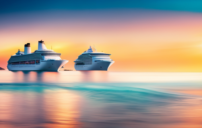 An image depicting a serene cruise ship gliding through calm, turquoise waters under a soft, pastel-hued sunset sky