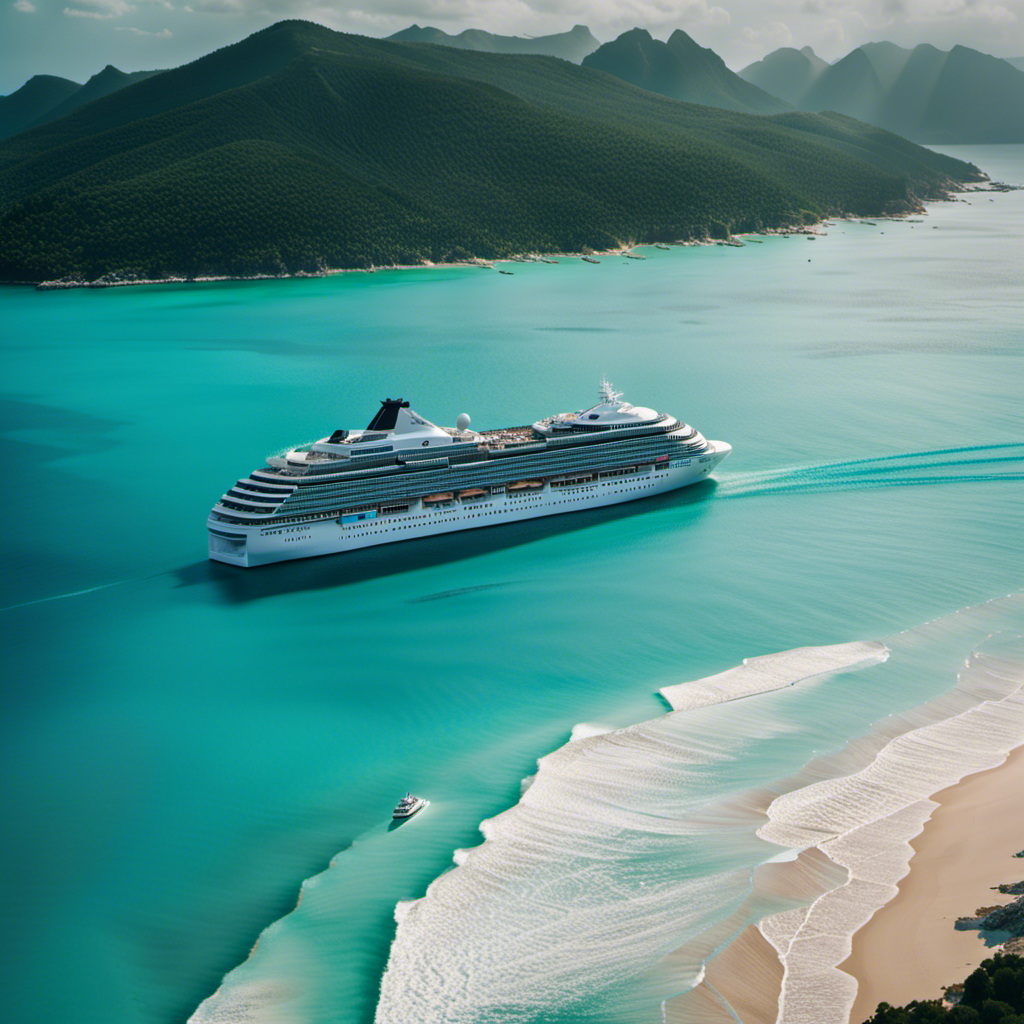 An image of a calm turquoise ocean stretching towards the horizon, with a luxurious cruise ship in the center, surrounded by a protective shield, symbolizing the peace of mind and protection provided by cruise insurance