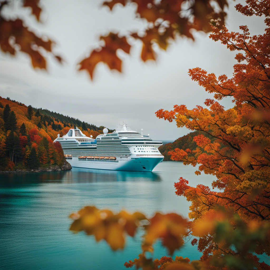 An image showcasing a serene cruise ship sailing through calm turquoise waters, surrounded by vibrant autumn foliage