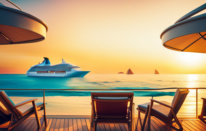 An image showcasing a serene cruise ship sailing through calm turquoise waters under a golden sunset