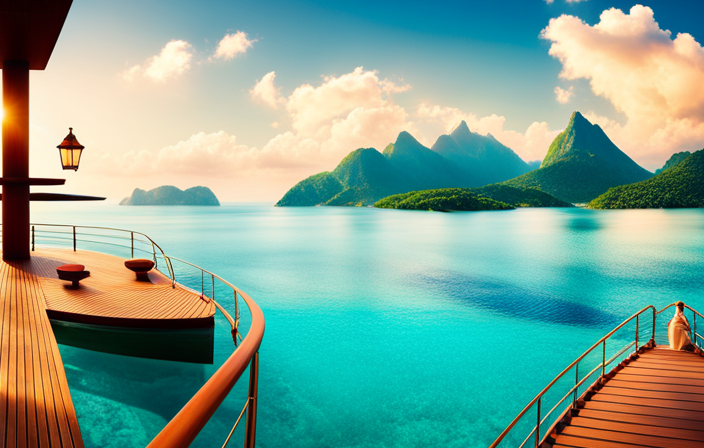 An image showcasing a serene cruise ship sailing through crystal-clear turquoise waters, surrounded by lush green islands in the distance