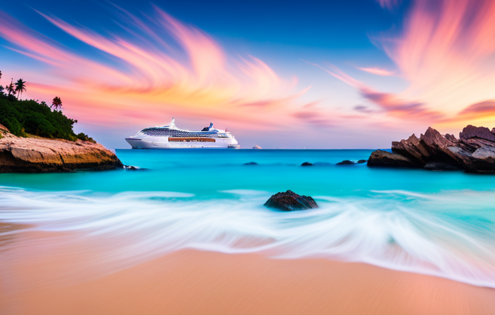 An image showcasing Bermuda's breathtaking pink sand beaches, surrounded by crystal-clear turquoise waters, with a majestic Royal Caribbean cruise ship docked nearby, symbolizing their partnership in revitalizing travel experiences