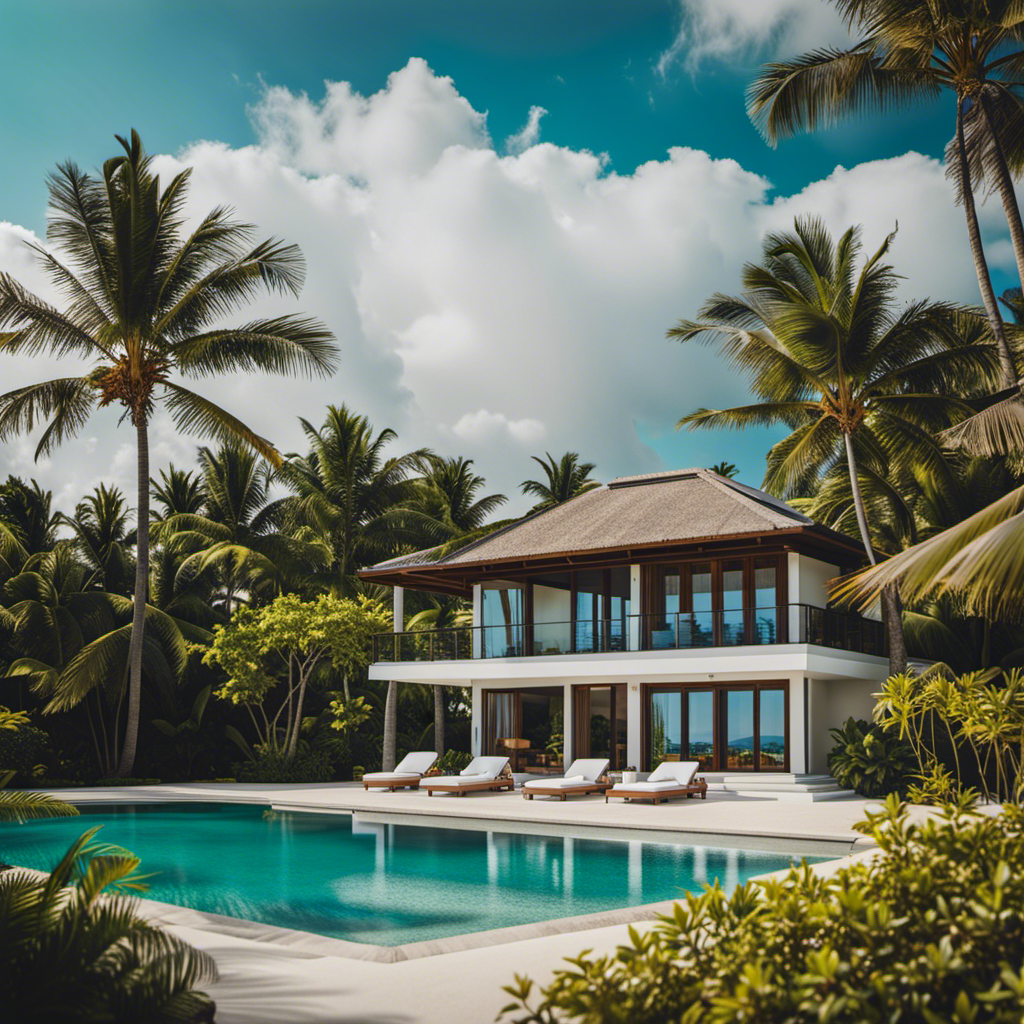 An image of a luxurious beachfront villa with a private infinity pool overlooking crystal-clear turquoise waters, surrounded by swaying palm trees, lush tropical gardens, and a pristine white sandy beach