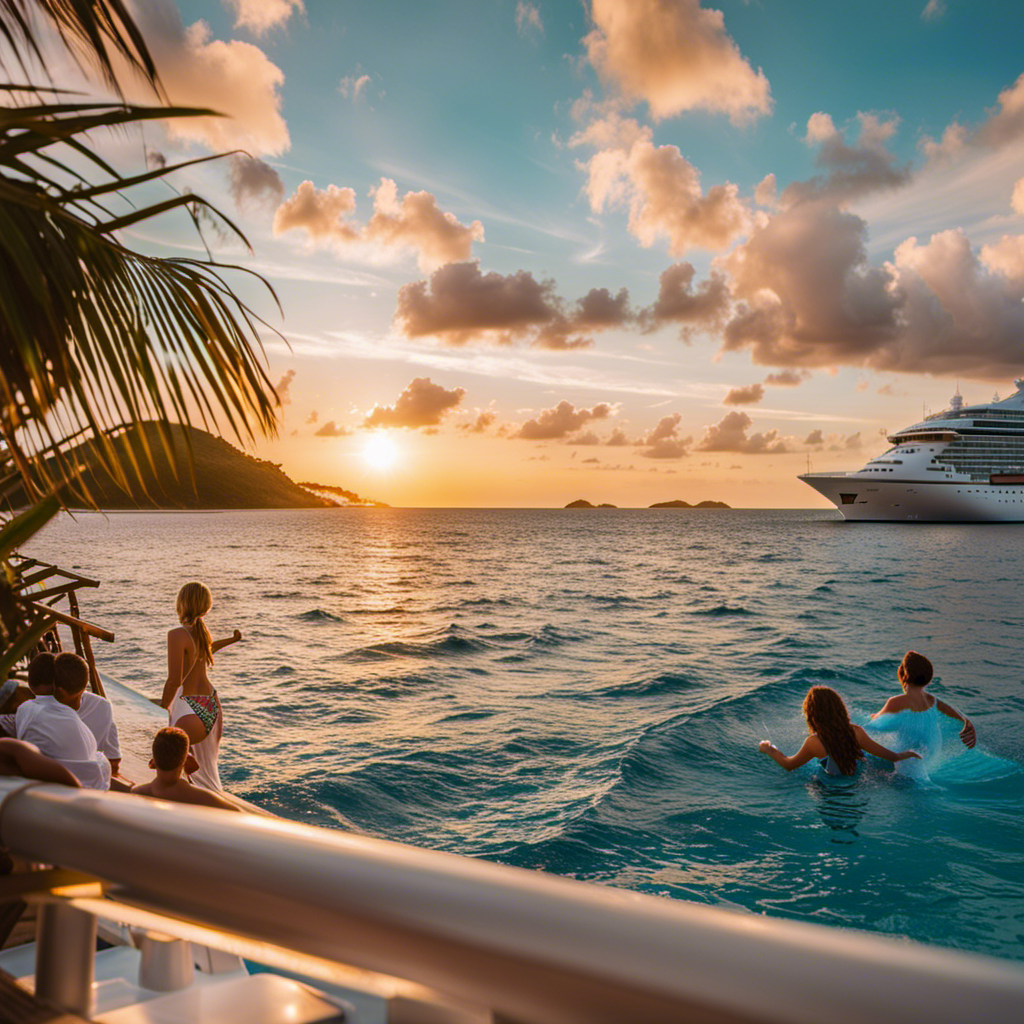 An image capturing a vibrant Caribbean sunset backdrop with a luxurious cruise ship in focus
