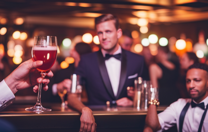 An image that captures the vibrant atmosphere of a dimly lit bar, with people engaged in lively conversations, clinking glasses filled with colorful, expertly crafted cocktails, as a live band performs in the background