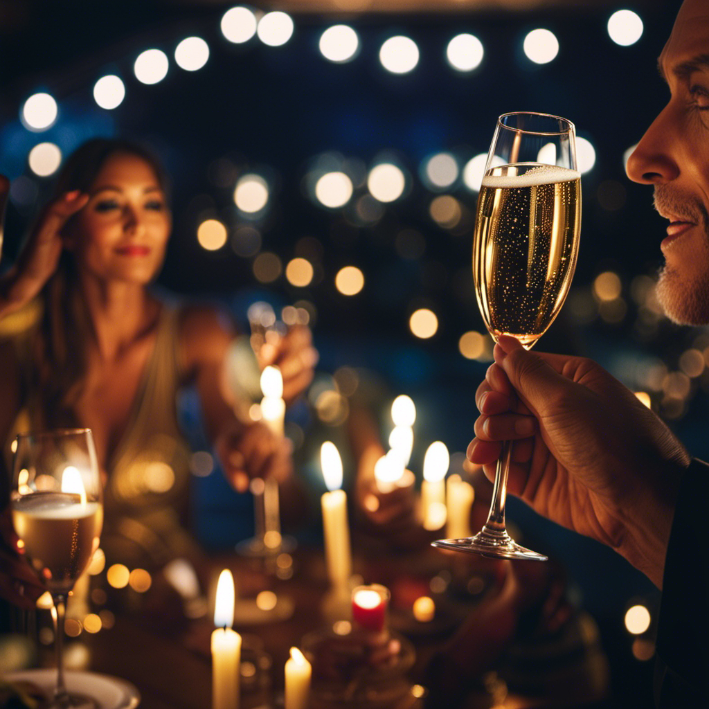 An image capturing a serene evening on a luxury cruise ship; dimly lit, adults clinking champagne glasses on a deck adorned with flickering candles, while couples engage in intimate conversations under a starry sky