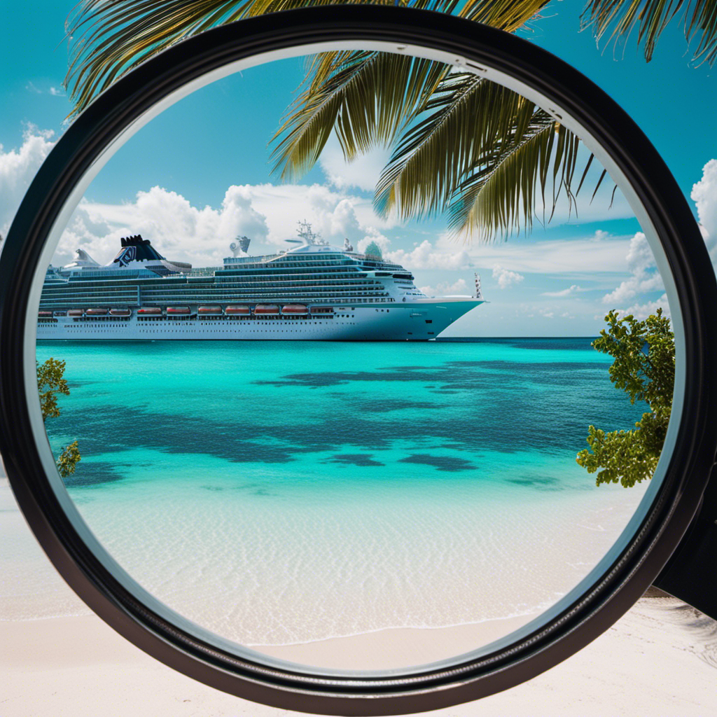 An image showcasing the majestic silhouette of a luxurious cruise ship gliding through crystal-clear turquoise waters, surrounded by palm-fringed white sandy beaches and vibrant coral reefs, capturing the essence of Porthole Cruise Magazine's 2019 Reader's Choice Awards