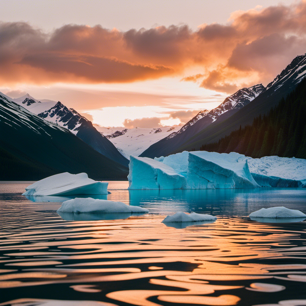 An image featuring a breathtaking sunset over a pristine glacier in Alaska, juxtaposed with a vibrant Caribbean beach lined with palm trees, symbolizing the best deals on unforgettable cruises to these idyllic destinations