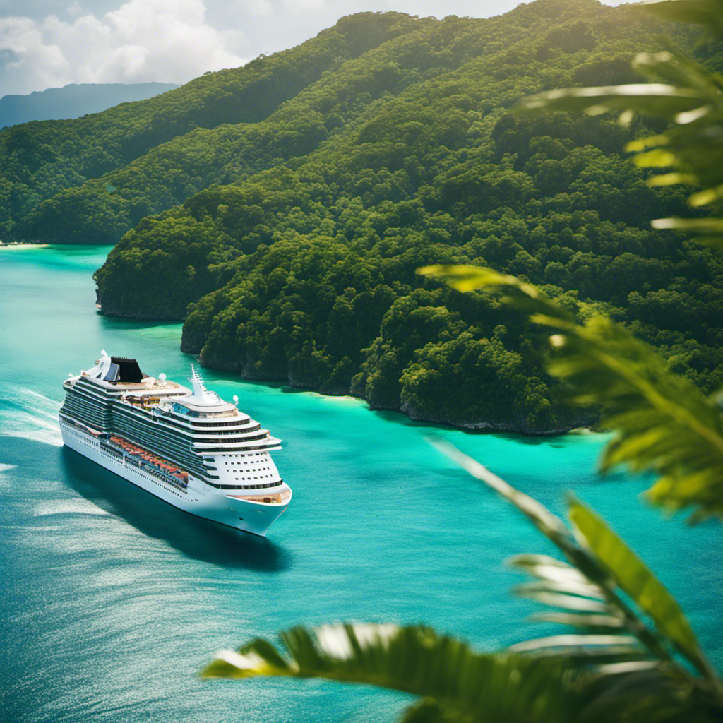 An image of a sleek, elegant cruise ship gliding through crystal-clear turquoise waters, surrounded by lush tropical islands